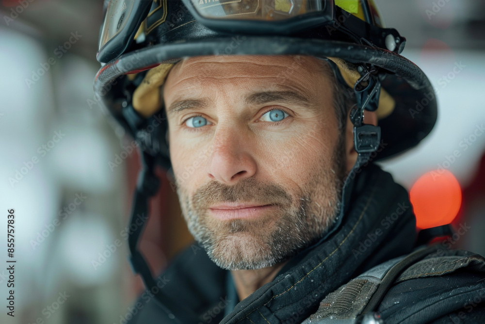 Close-up of male firefighter in uniform with helmet Close-up of male firefighter in uniform with helmet
