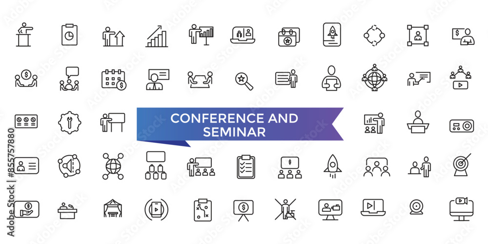 Conference and seminar Icon set with editable stroke collection for web and ui. Line icons pack. Vector illustration. Conference and seminar Icon set with editable stroke collection for web and ui. Line icons pack. Vector illustration.