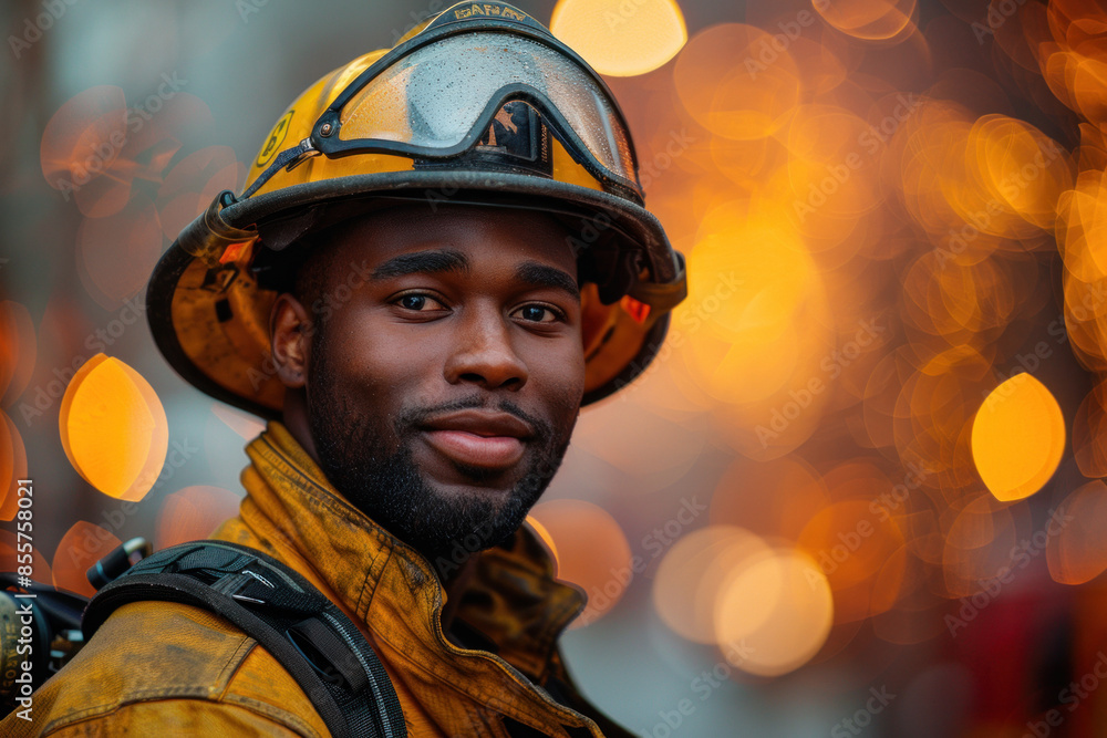 Male firefighter smiling in uniform at sunset Male firefighter smiling in uniform at sunset
