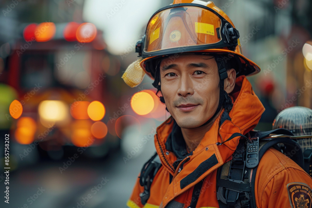 Male firefighter smiling in uniform at sunset Male firefighter smiling in uniform at sunset