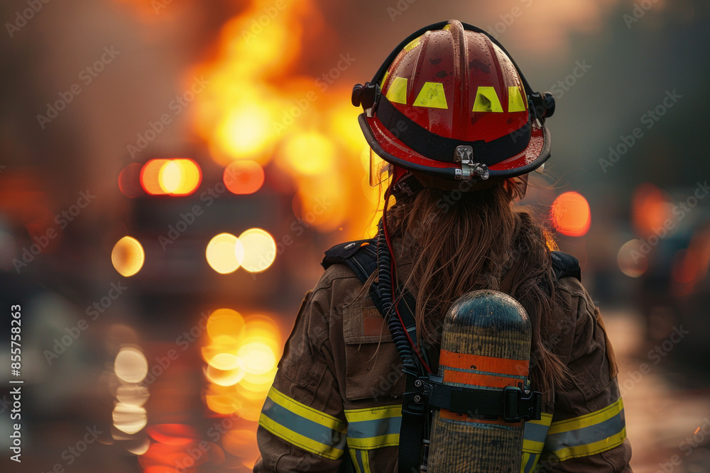 Brave firefighter in action amidst intense blaze and fire trucks Brave firefighter in action amidst intense blaze and fire trucks