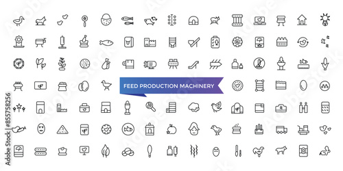 Feed Production Machinery Icon set with editable stroke collection for web and ui. Line icons pack. Vector illustration.