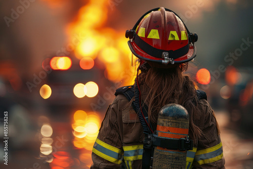 Brave firefighter in action amidst intense blaze and fire trucks © sofiko14