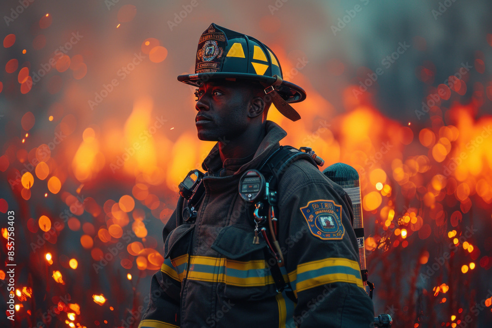 Male firefighter looking determined with sunlight background Male firefighter looking determined with sunlight background