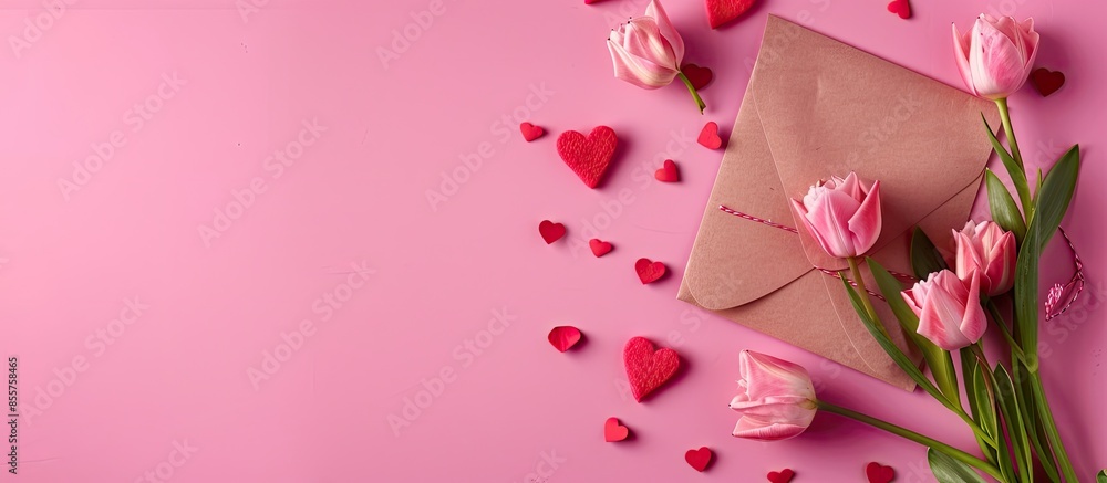 Valentine's Day background. Pink flowers, envelope, hearts on pastel pink background. Valentines day concept. Flat lay, top view, copy space Valentine's Day background. Pink flowers, envelope, hearts on pastel pink background. Valentines day concept. Flat lay, top view, copy space