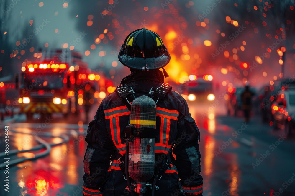 Brave firefighter in action amidst intense blaze and fire trucks Brave firefighter in action amidst intense blaze and fire trucks