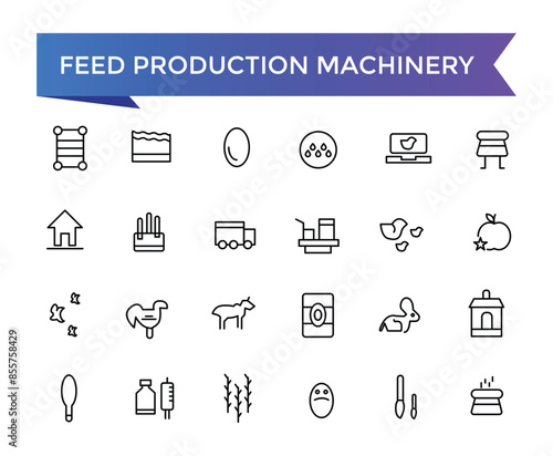 Feed Production Machinery Icon set with editable stroke collection for web and ui. Line icons pack. Vector illustration.