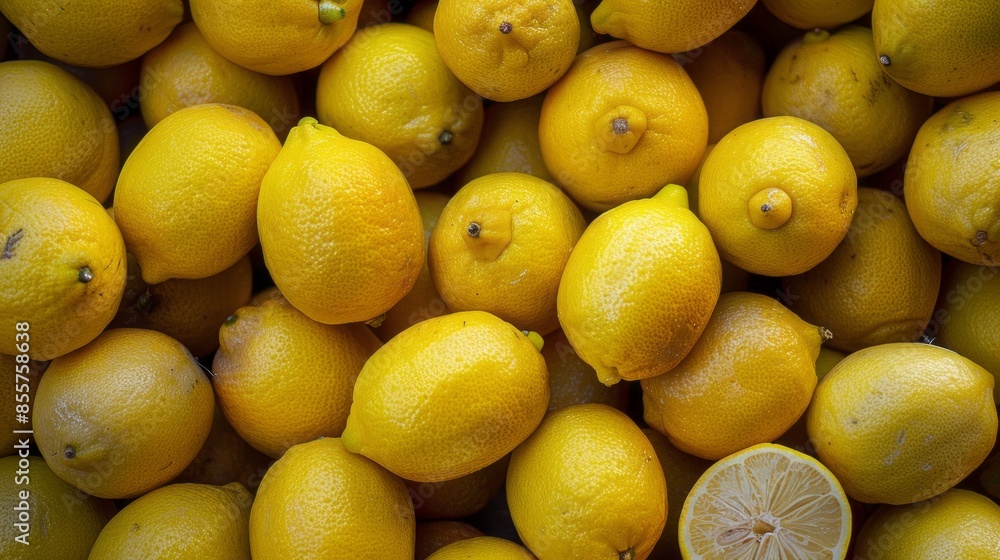 A pile of many lemons, fresh and juicy, bright neon yellow color, natural light, overhead shot, closeup A pile of many lemons, fresh and juicy, bright neon yellow color, natural light, overhead shot, closeup