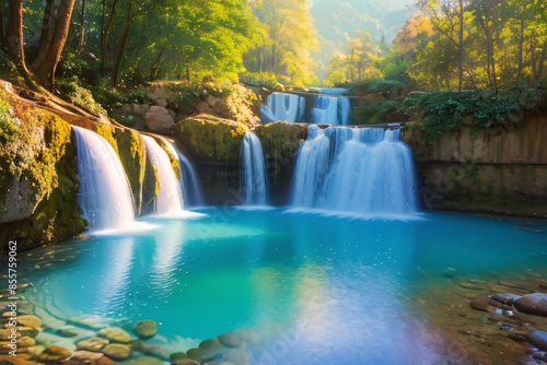 A scenic autumn forest landscape featuring a cascading waterfall