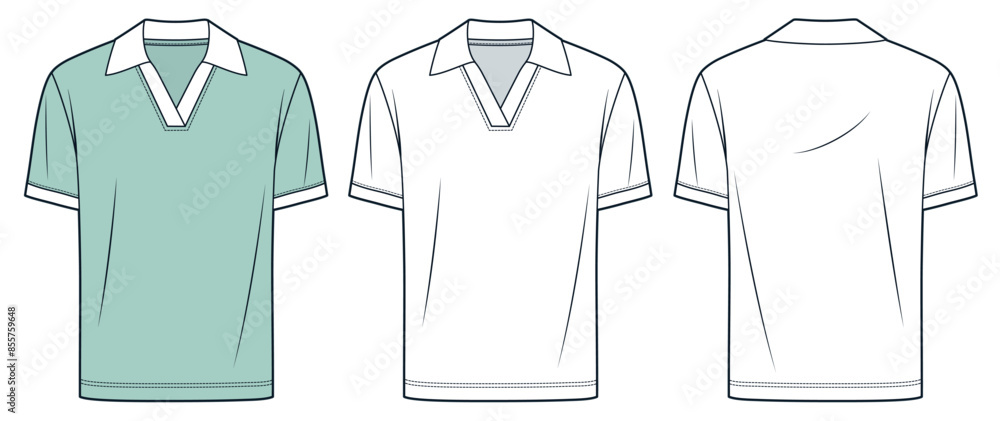 Polo Shirt technical fashion illustration. Short Sleeve Polo Shirt fashion flat technical drawing template, v neck, front and back view, white, mint green, women, men, unisex Top CAD mockup set. Polo Shirt technical fashion illustration. Short Sleeve Polo Shirt fashion flat technical drawing template, v neck, front and back view, white, mint green, women, men, unisex Top CAD mockup set.