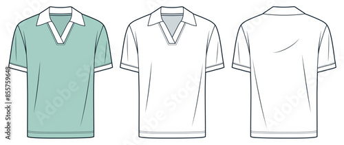Polo Shirt technical fashion illustration. Short Sleeve Polo Shirt fashion flat technical drawing template, v neck, front and back view, white, mint green, women, men, unisex Top CAD mockup set.