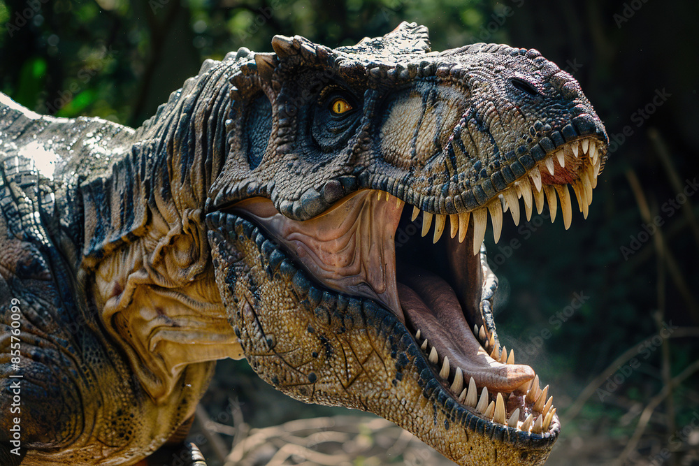 Generative ai on theme of big scary hungry dinosaur with kind eyes and sharp teeth destroying park Generative ai on theme of big scary hungry dinosaur with kind eyes and sharp teeth destroying park