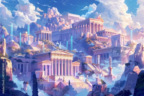 Enchanted Twilight at the Mythical Olympus: A Surreal Panorama of Ancient Wonders