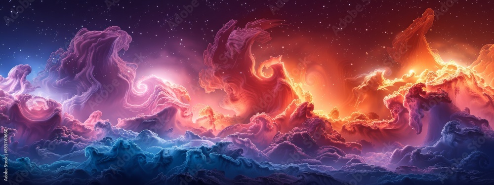 An abstract landscape filled with mist and bright constellations and intricate patterns. An abstract landscape filled with mist and bright constellations and intricate patterns.