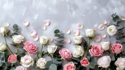 a delicate floral border featuring white and pink roses intertwined with eucalyptus leaves against a light grey background.