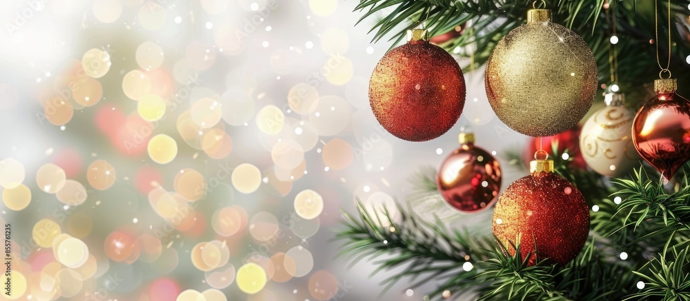 Obraz premium Beautiful Christmas Balls Hanged On The Christmas Tree Branch. with copy space image. Place for adding text or design