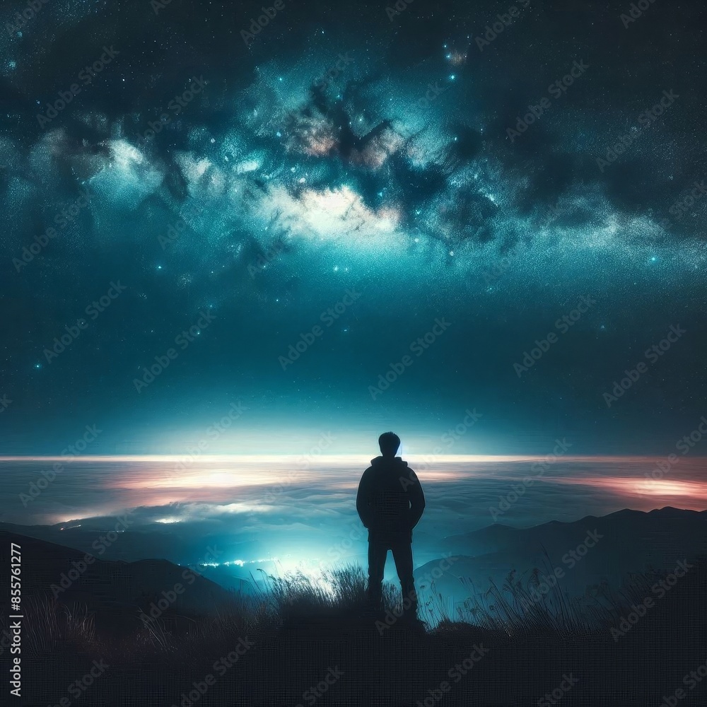 Obraz premium A man stands on a hill overlooking a city at night