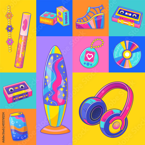 Y2k aesthetic collage. Vector colorful pattern of 90s pop culture items like cassette tapes, lava lamps, headphones, and bubble gum, capturing vibrant nostalgia.