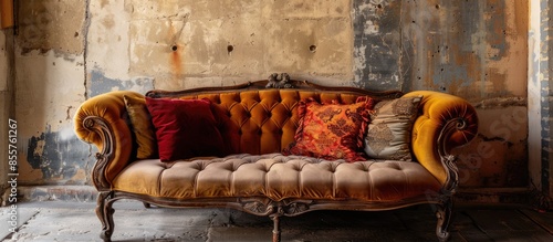 Old fashioned sofa with retro pillows. with copy space image. Place for adding text or design photo
