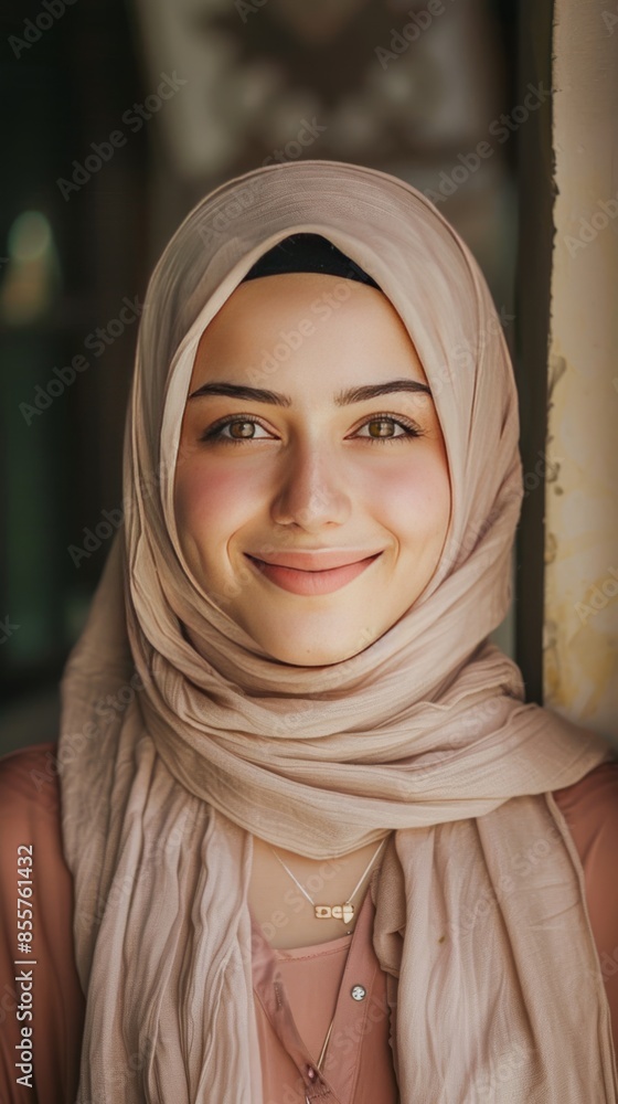 Portrait of a smiling Muslim girl with copy space for your text or logo. Portrait of a smiling Muslim girl with copy space for your text or logo.