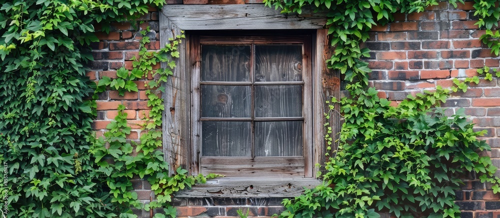 An old wooden window in a brick wall, overgrown with a green plant. with copy space image. Place for adding text or design An old wooden window in a brick wall, overgrown with a green plant. with copy space image. Place for adding text or design