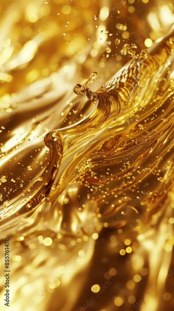 A gold liquid with bubbles and droplets is splashing and flowing. The image has a dreamy, ethereal quality to it, with the gold liquid appearing almost like a shimmering mist A gold liquid with bubbles and droplets is splashing and flowing. The image has a dreamy, ethereal quality to it, with the gold liquid appearing almost like a shimmering mist