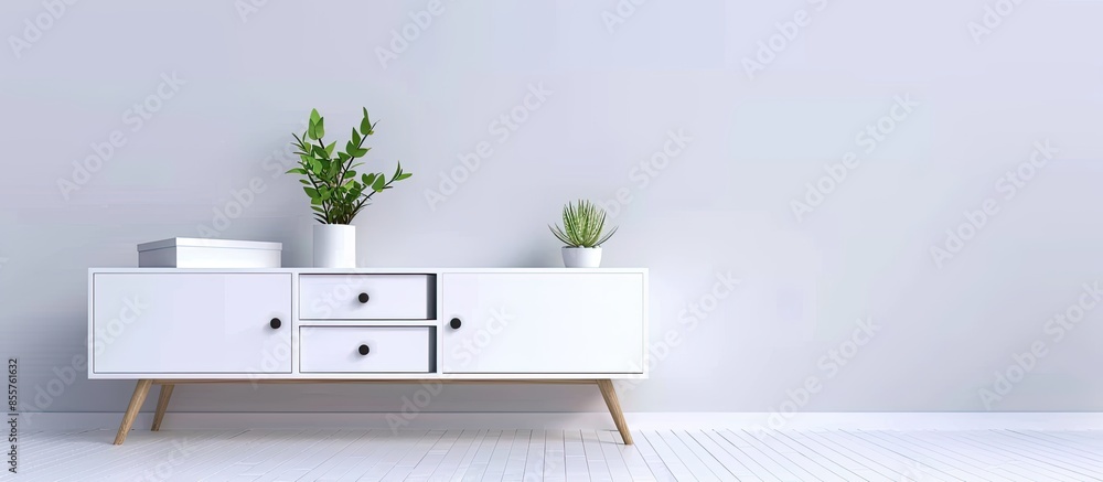 White wooden TV stand, bureau, commode with boxes. Modern designer, commode isolated on white background. Series of furniture. Copy space image. Place for adding text or design White wooden TV stand, bureau, commode with boxes. Modern designer, commode isolated on white background. Series of furniture. Copy space image. Place for adding text or design