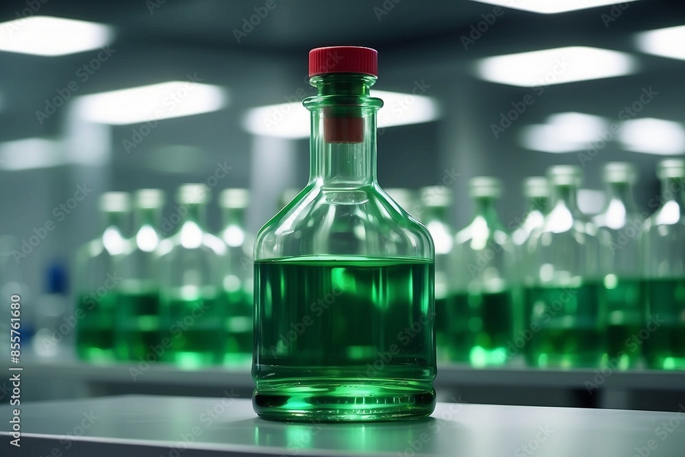 Glass bottle with green liquid in a laboratory research facility Glass bottle with green liquid in a laboratory research facility