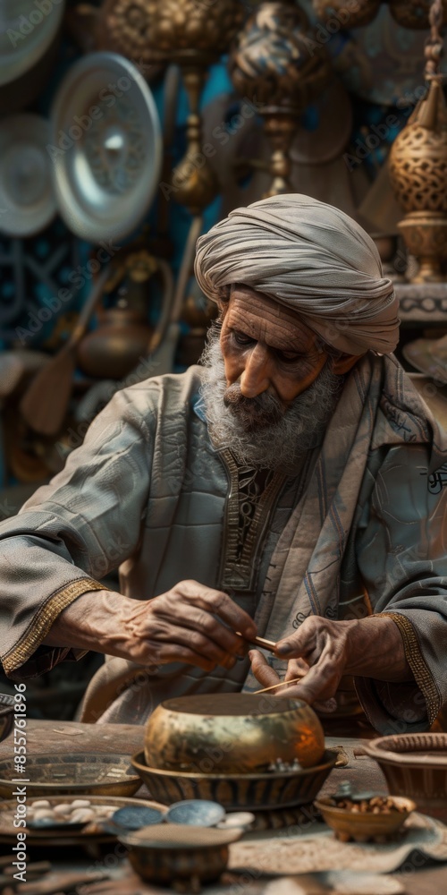 Realistic 3D avatar of a Muslim artisan crafting intricate metalwork Realistic 3D avatar of a Muslim artisan crafting intricate metalwork