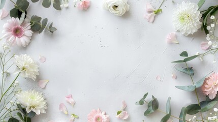 a delicate floral border featuring white and pink roses intertwined with eucalyptus leaves against a light grey background.