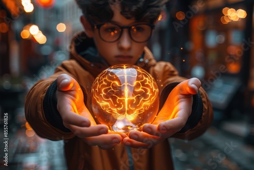 A child boy with a glowing brain, visualizing a new idea and creativity