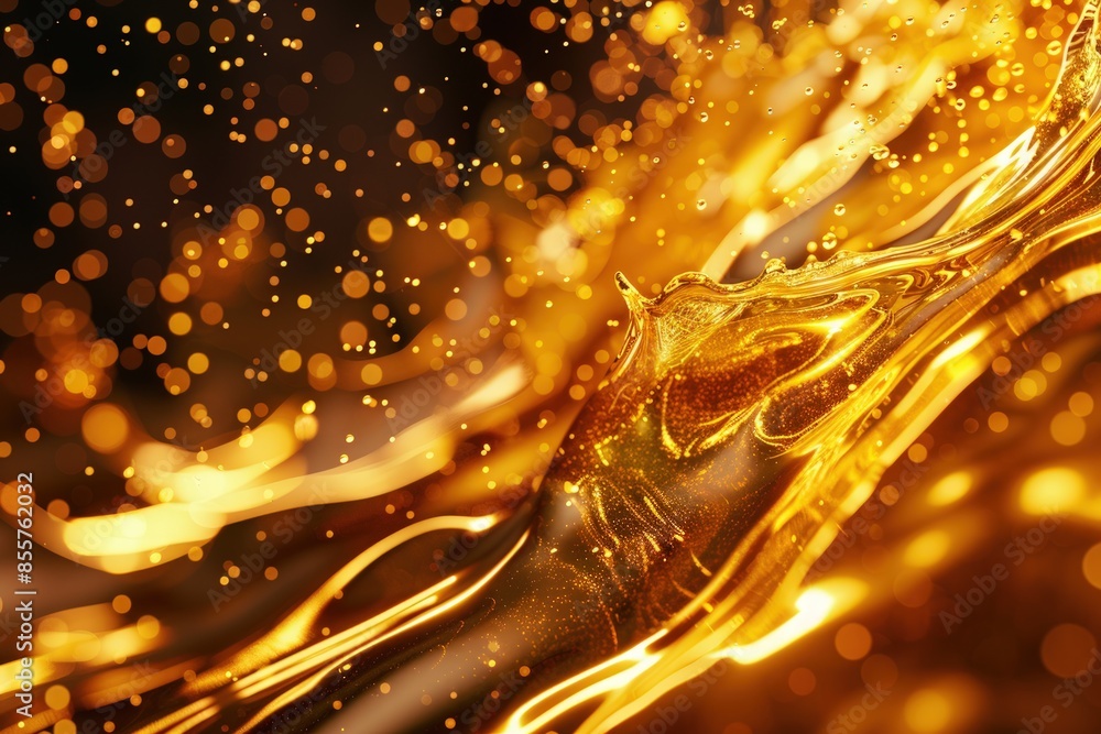 A splash of gold liquid with a lot of sparkles in the background. The liquid is flowing and creating a sense of movement A splash of gold liquid with a lot of sparkles in the background. The liquid is flowing and creating a sense of movement