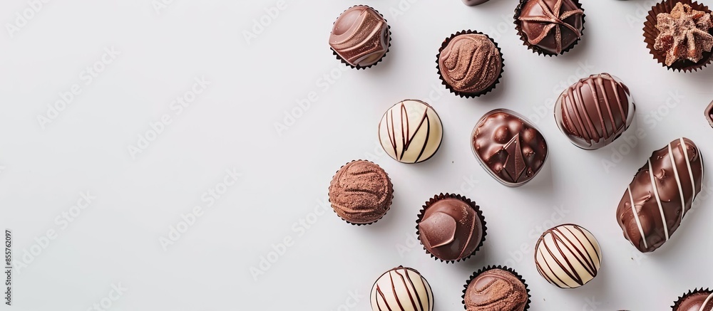 Chocolate sweets isolated on a white pastel background. with copy space image. Place for adding text or design Chocolate sweets isolated on a white pastel background. with copy space image. Place for adding text or design