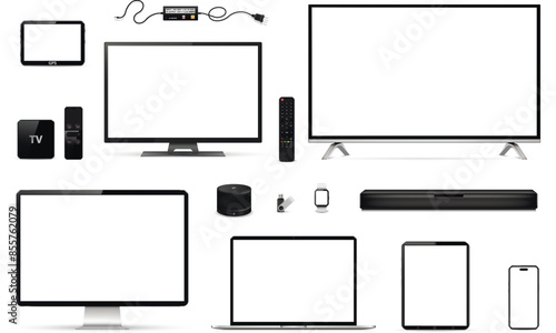 Realistic tv, computer, laptop, tablet, smart phone, smart watch, smart speaker, sound bar, set-top box, usb flash drive, gps navigation device, remote control and charger
