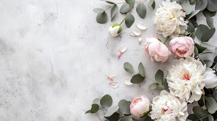 a delicate floral border featuring white and pink roses intertwined with eucalyptus leaves against a light grey background.
