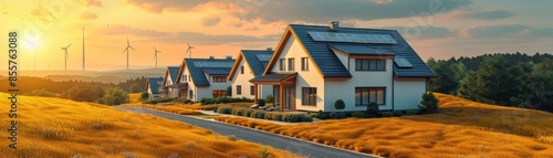 An ecofriendly community utilizing renewable energy, with solar farms and wind turbines integrated into the landscape photo