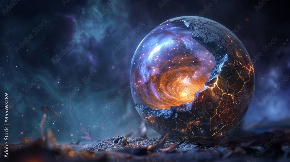 Celestial Ovum - Surreal Digital Artwork of Cracked Egg with Glowing Nebula Yolk Representing Cosmic Awakening and Birth of New Star System on Dark Blue Background
