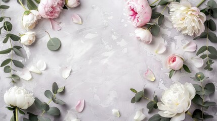 a delicate floral border featuring white and pink roses intertwined with eucalyptus leaves against a light grey background.