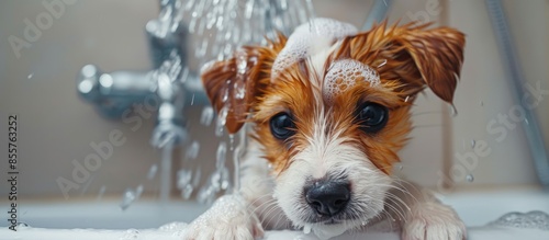 The puppy is taking a showe...