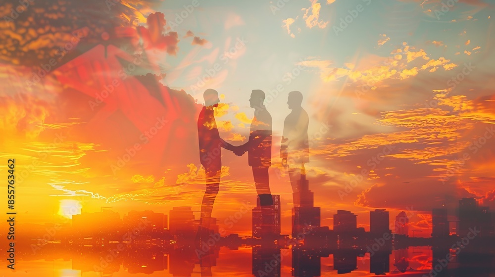 Fototapeta premium â€œAmbitious Partnership at Sunrise: Silhouettes Shaking Hands in Double Exposure Imageâ€