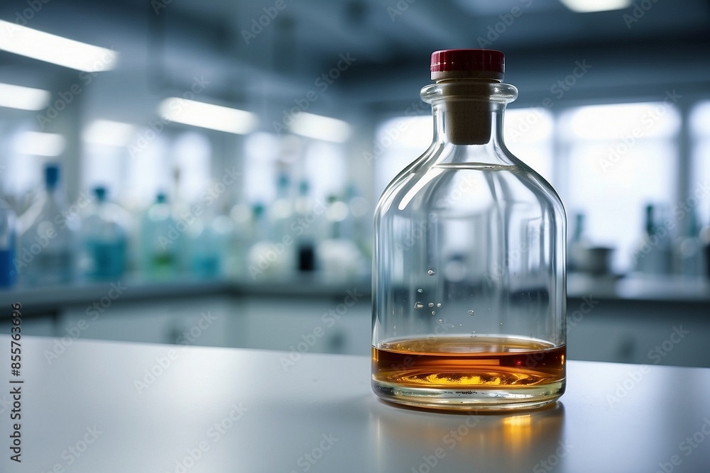 Glass red bottle with liquid in a laboratory research facility Glass red bottle with liquid in a laboratory research facility