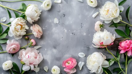 a delicate floral border featuring white and pink roses intertwined with eucalyptus leaves against a light grey background.