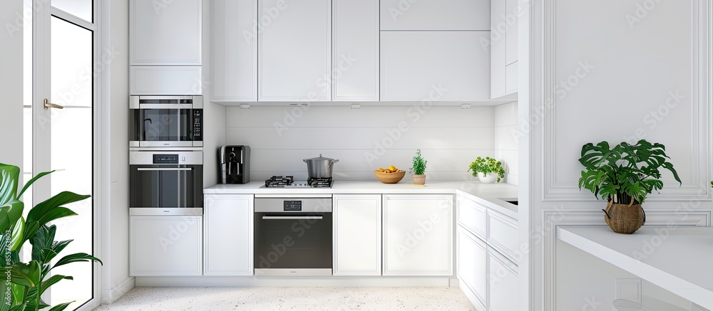 Counter with gas cooker and oven with white cabinets in light spacious kitchen with modern appliances and doorway with dinning table in apartment. with copy space image Counter with gas cooker and oven with white cabinets in light spacious kitchen with modern appliances and doorway with dinning table in apartment. with copy space image
