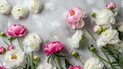 a delicate floral border featuring white and pink roses intertwined with eucalyptus leaves against a light grey background.