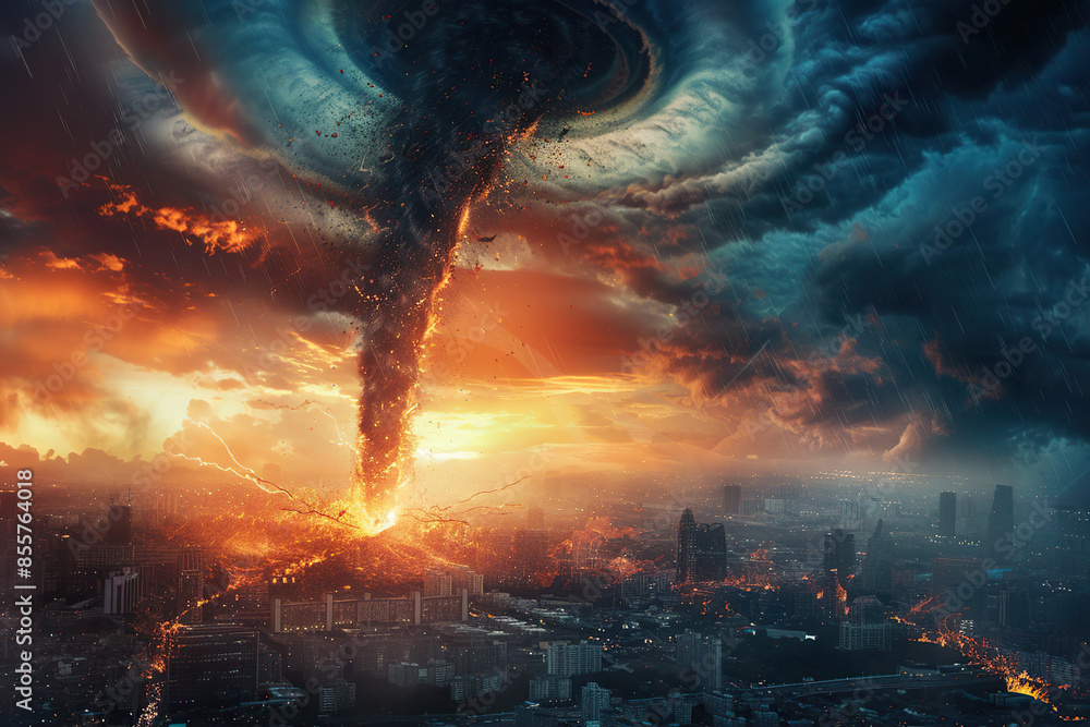 Obraz premium Generative ai on theme of scary huge hurricane fire tornado, apocalyptic dramatic background