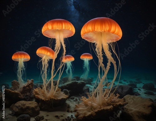 Underwater wonderland illuminated by bio luminescent creatures, jellyfish