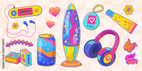 Y2k aesthetic set. Vector collection of retro 90s 2000s pop culture items including mp3 player, lava lamps, headphones, etc, perfect for nostalgic designs..