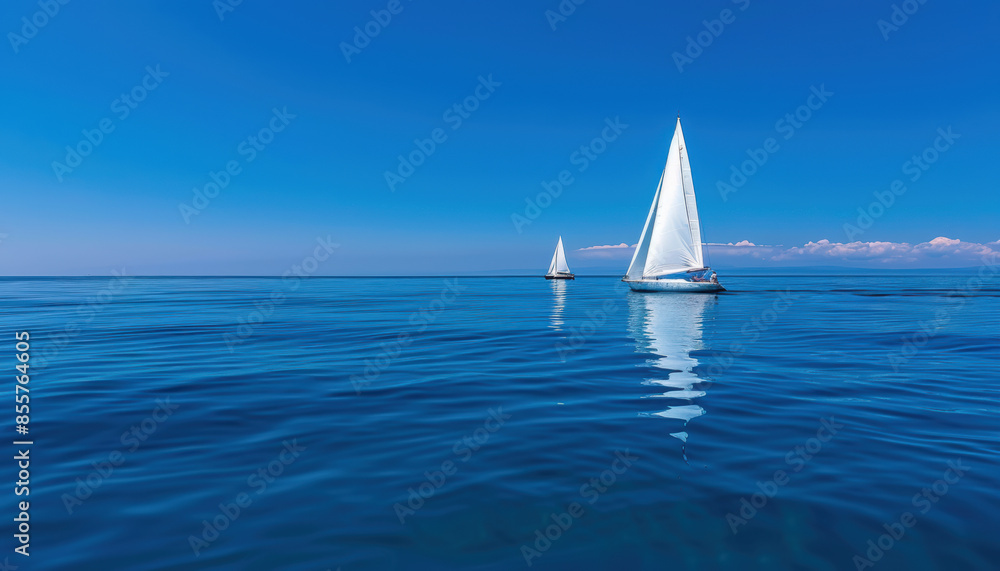 Fototapeta premium Two sailboats are sailing in the ocean on a clear day
