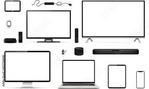 TV, computer, laptop, tablet, phone, watch, smart speaker, sound bar, usb flash drive, gps navigation device, tv set-top box and remote control.