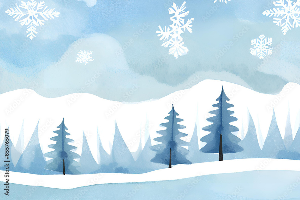 Fototapeta premium Winter Wonderland, Snowy Landscape with Falling Snowflakes, Watercolor Forest Scene